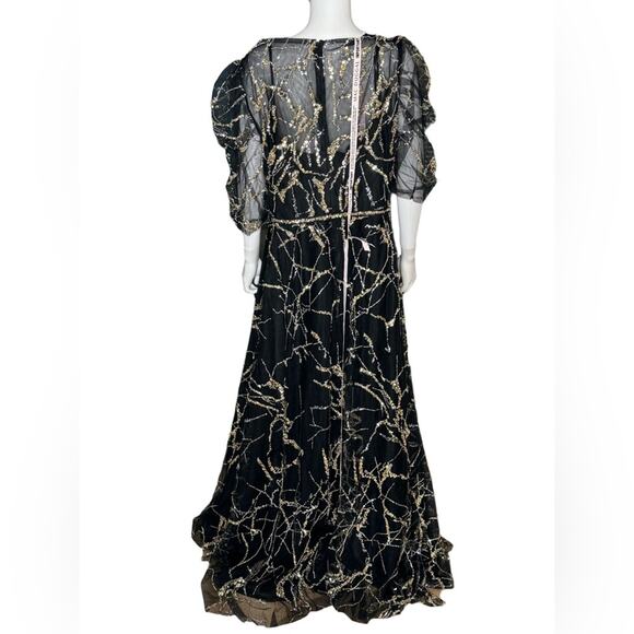 Mac Duggal Black Embellished Gathered Puff Sleeve Faux Wrap Gown 20428 Women’s - Picture 6 of 10